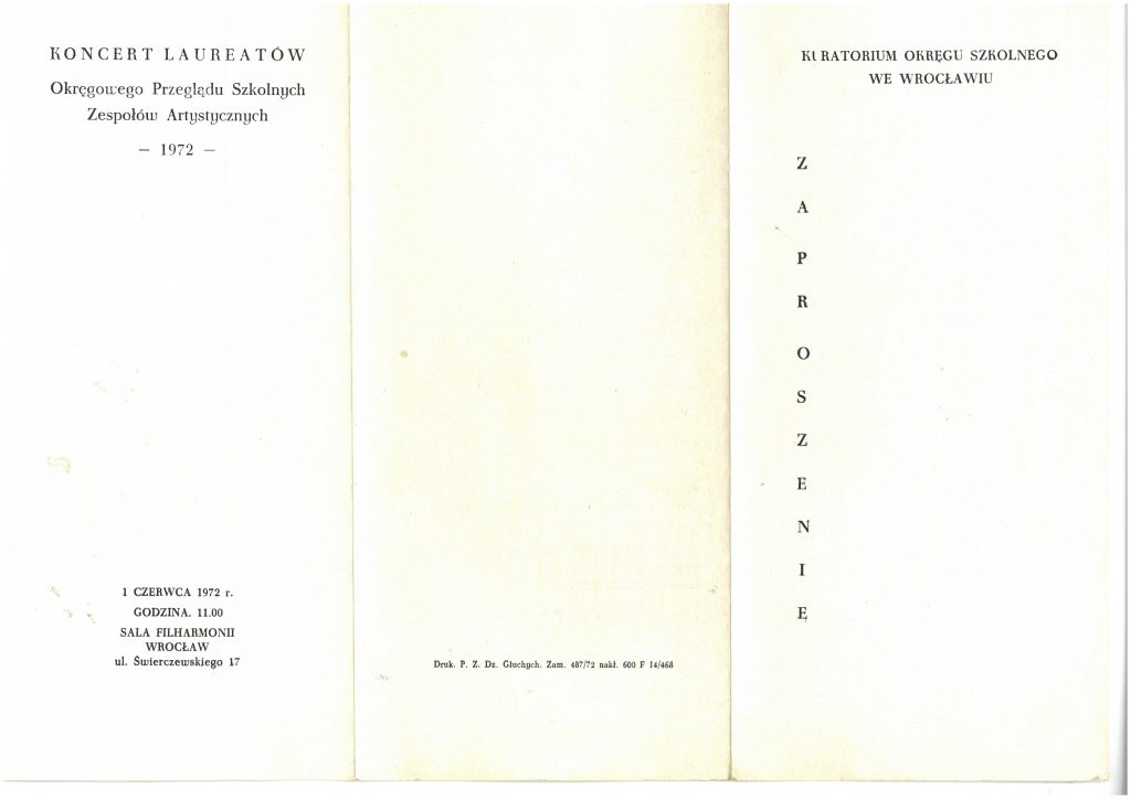 1972-06-01 Wrocław, Sala Filharmonii, Zaproszenie na Koncert Laureatów Okręgowego Przeglądu Szkolnych Zespołów Artystycznych 1972